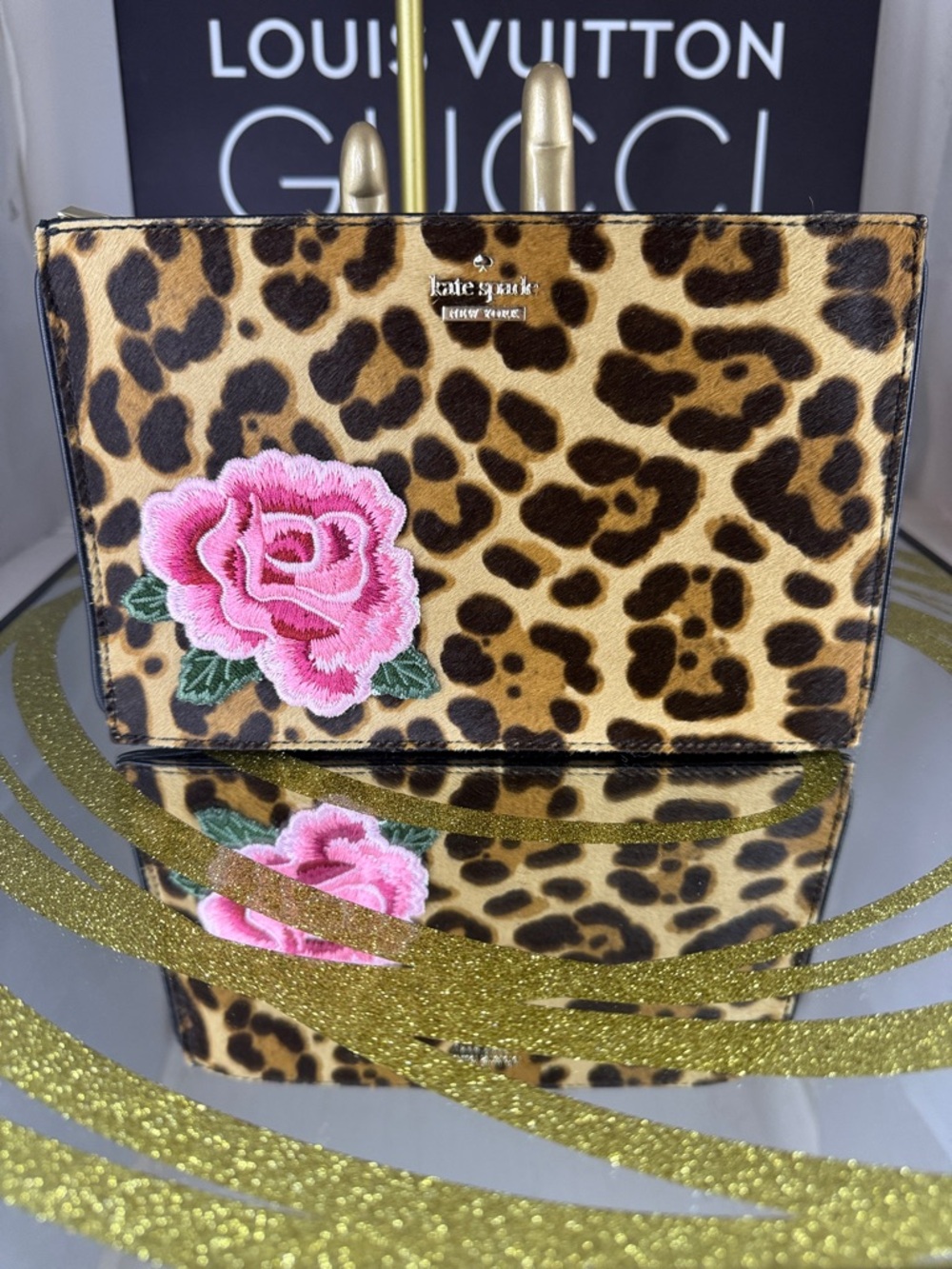 kate spade Leopard Print Wristlet with Pink Rose Patch
